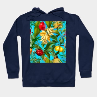 Vibrant tropical floral leaves and fruits floral illustration, botanical pattern, Aqua blue fruit pattern over a Hoodie